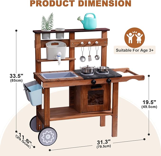 Wooden Mud Kitchen for Kids | Outdoor Pretend Play Cooking Set with Water Sink