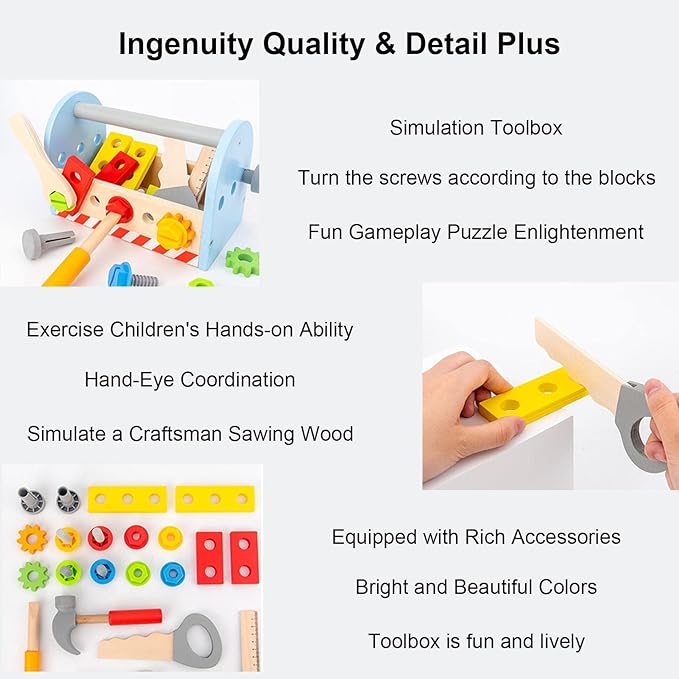 Wooden Tool Box Set for Kids | Pretend Play Carpenter Kit Educational Construction Toy