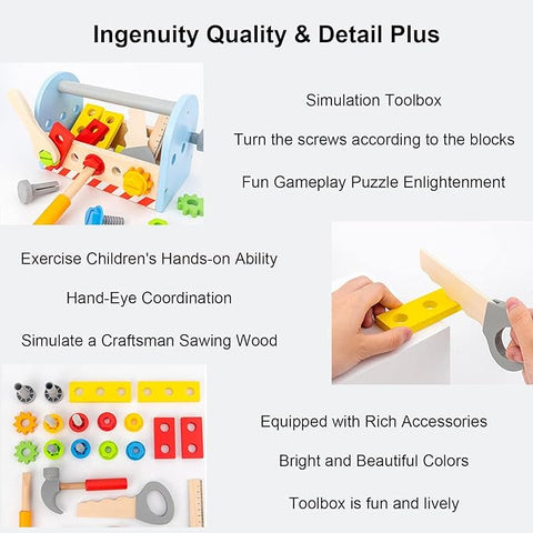 Wooden Tool Box Set for Kids | Pretend Play Carpenter Kit Educational Construction Toy