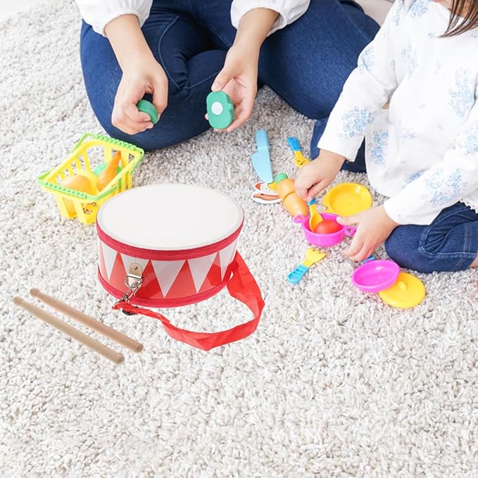 Children Wooden Drum Red Blue White | Kids Musical Instrument with Sticks