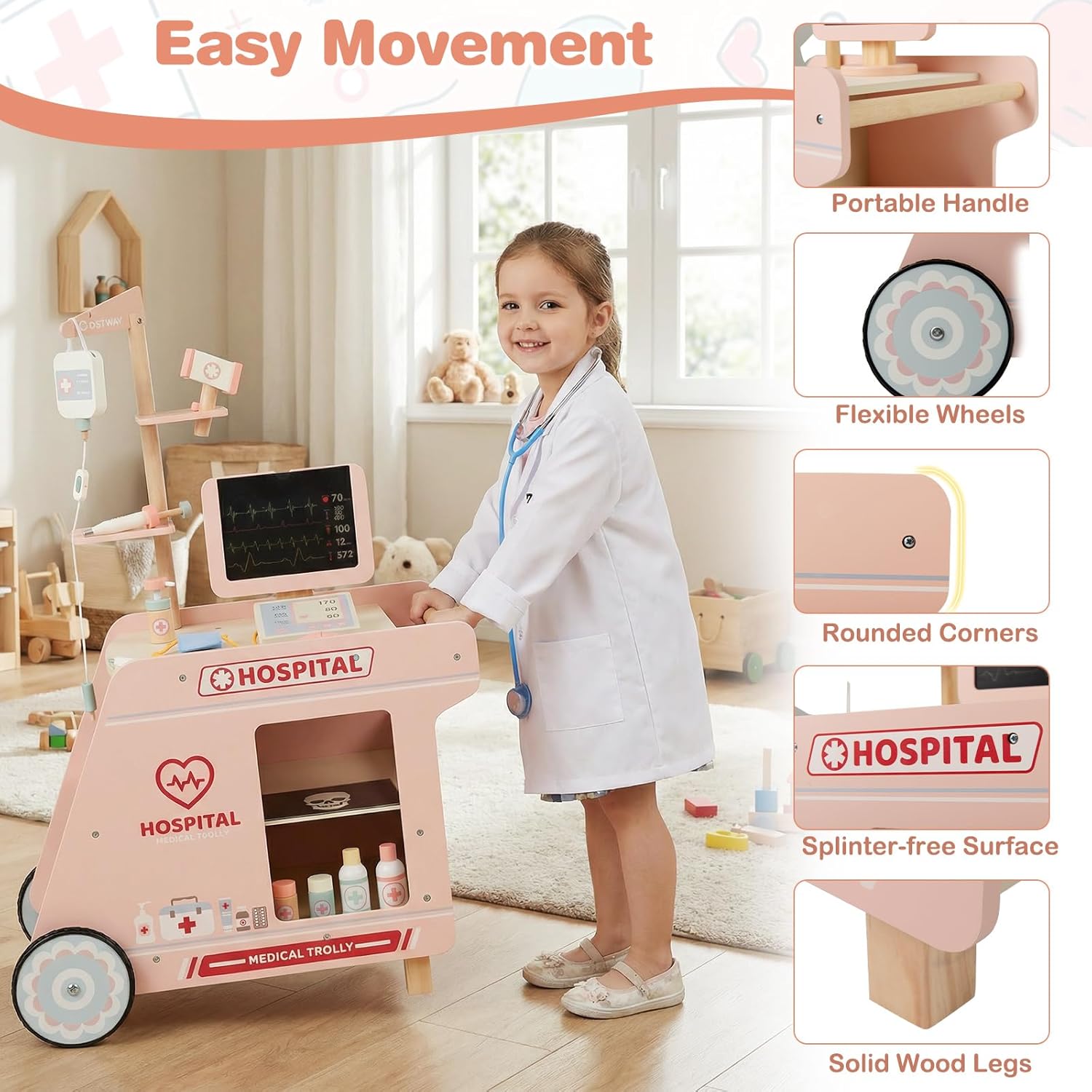 Wooden Medical Center Pretend Play Set Kids | Doctor Role Play Toy Station