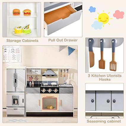 Honey Joy Kids Kitchen Playset 2 Pcs | Wooden Pretend Play Kitchen Set with Light & Sound