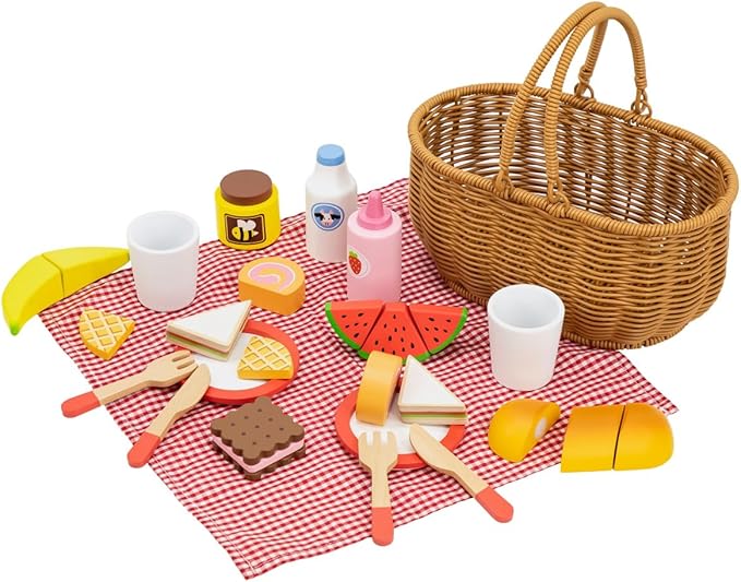 Wooden Picnic Set for Kids | Pretend Play Food Basket Toy Set 30 Pcs