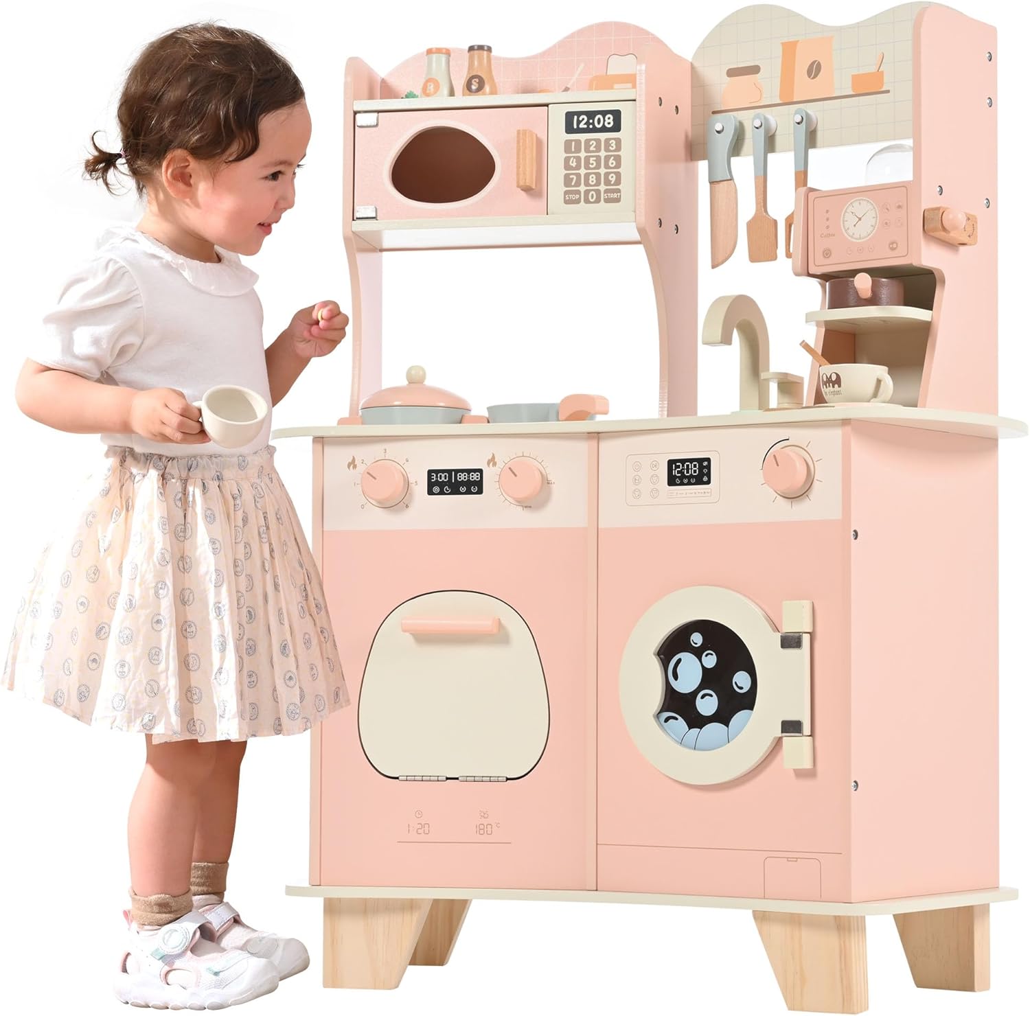 Wooden Play Kitchen for Kids with Coffee Maker | Pretend Cooking Set with Accessories