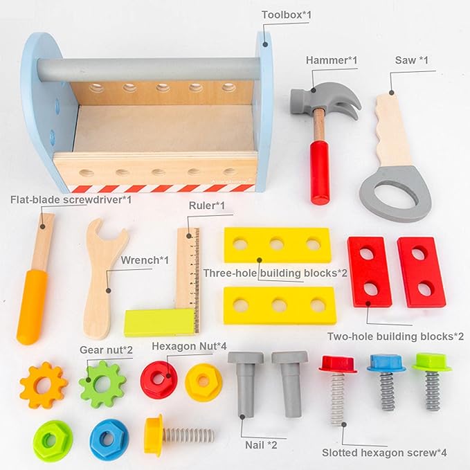 Wooden Tool Box Set for Kids | Pretend Play Carpenter Kit Educational Construction Toy