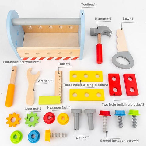 Wooden Tool Box Set for Kids | Pretend Play Carpenter Kit Educational Construction Toy