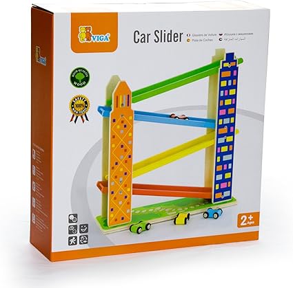 Car Slider Building Toy | Wooden Car Ramp Slider with Mini Cars for Kids 3+