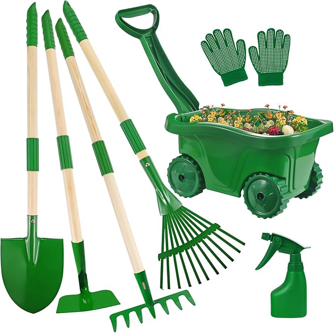 Kids Gardening Tools Set - 7pcs Wheelbarrow Set for Kids with Shovel, Rake, Leaf Rake, Summer Outdoor Yard Digging Weed Birthday Gifts,  Garden Tools Set Toy Outdoor Play | Garden & Soil Play