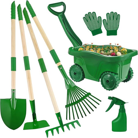 Kids Gardening Tools Set - 7pcs Wheelbarrow Set for Kids with Shovel, Rake, Leaf Rake, Summer Outdoor Yard Digging Weed Birthday Gifts,  Garden Tools Set Toy Outdoor Play | Garden & Soil Play