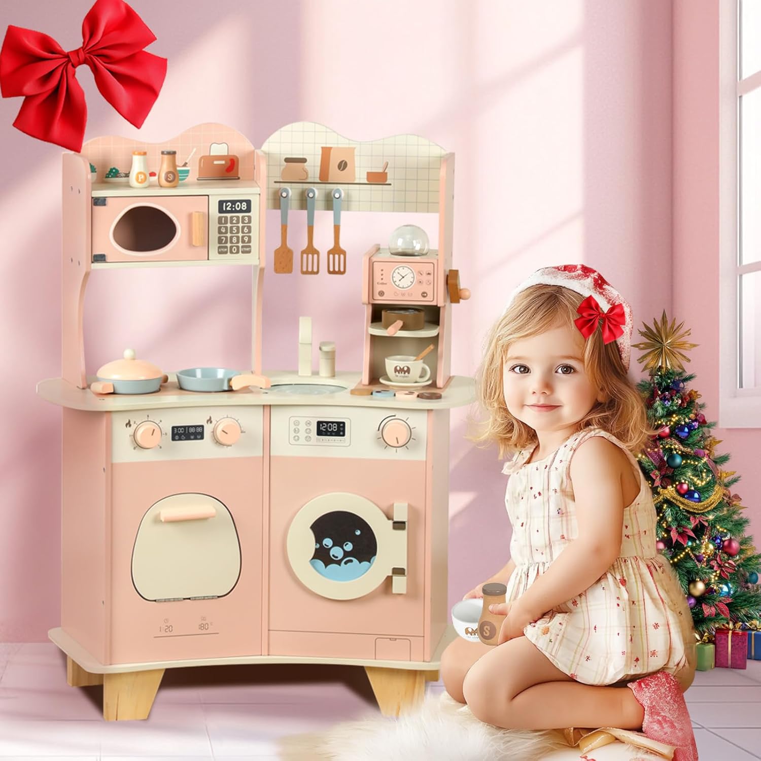 Wooden Play Kitchen for Kids with Coffee Maker | Pretend Cooking Set with Accessories
