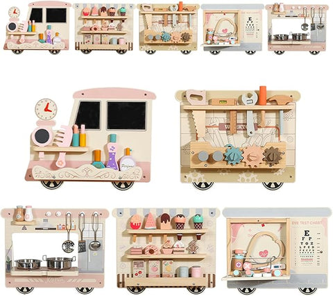 Wooden Sensory Wall Panel Train Activity Busy Board Kids | Montessori STEM Learning Toy