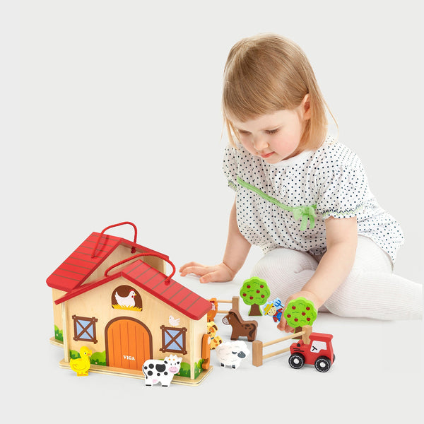 Wooden Farm Play Set | 2-Story Barn Animal Pretend Play Toy for Kids 3+