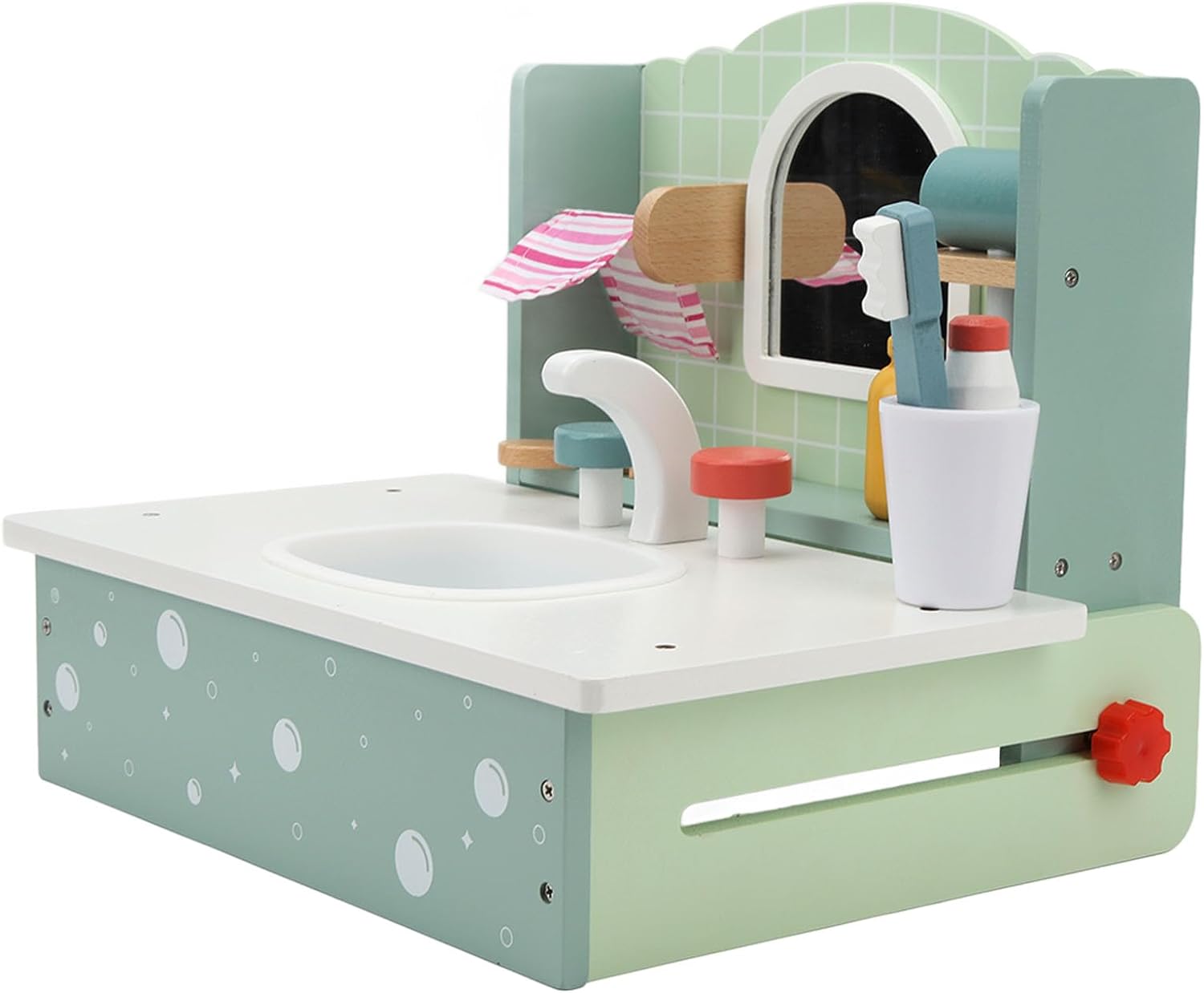 Kids Wooden Bathroom Sink Toy | Pretend Play Vanity Set with Accessories Educational Role Play