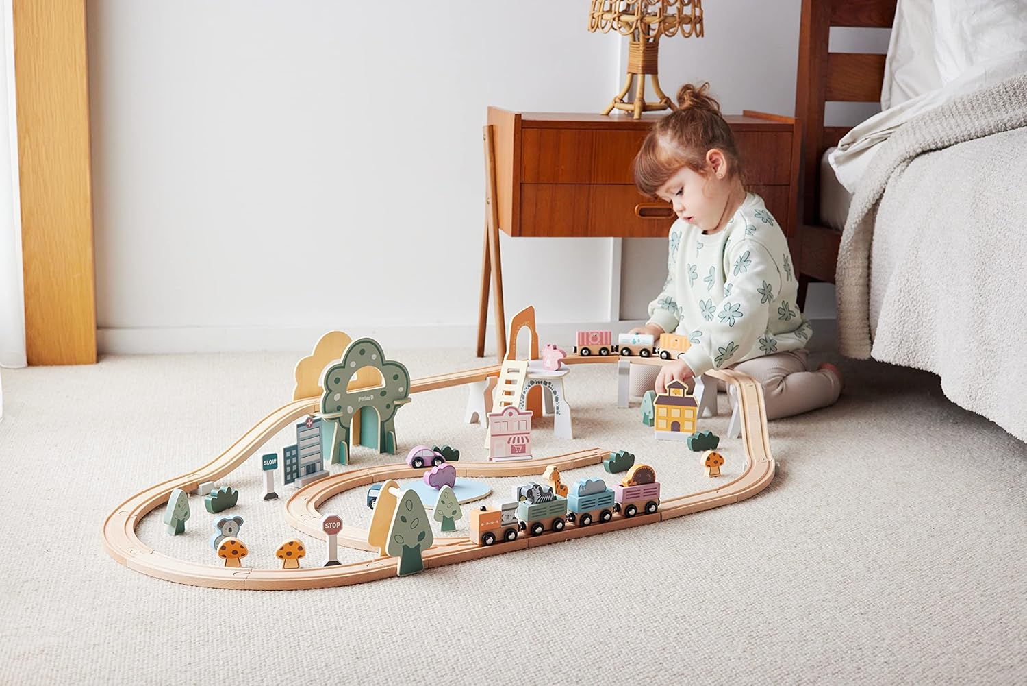 Wooden Train Track 92 Pcs Set | Polar B Grand Station Railway Toy for Kids
