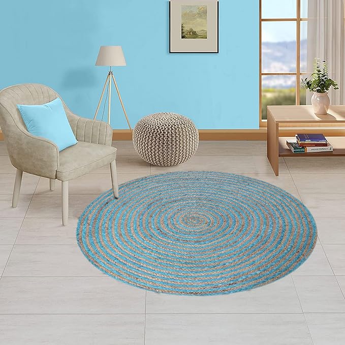 Circle Area Mat 200x200cm | Blue Beige Geometric Floor Rug Carpet