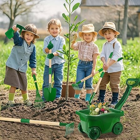 Kids Gardening Tools Set - 7pcs Wheelbarrow Set for Kids with Shovel, Rake, Leaf Rake, Summer Outdoor Yard Digging Weed Birthday Gifts,  Garden Tools Set Toy Outdoor Play | Garden & Soil Play