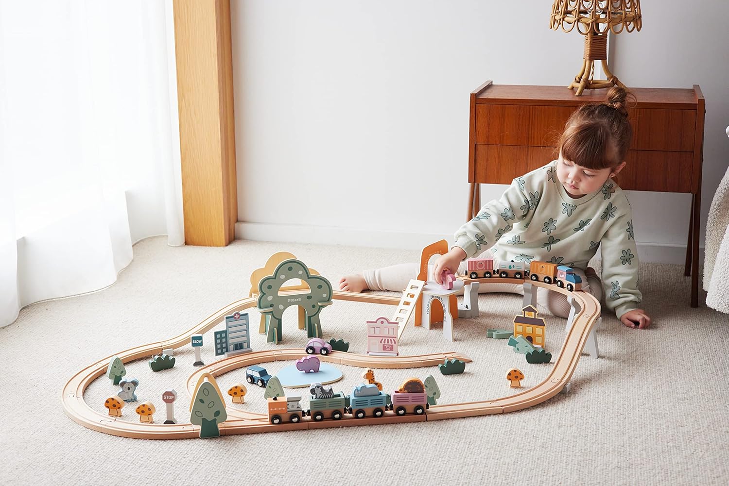 Wooden Train Track 92 Pcs Set | Polar B Grand Station Railway Toy for Kids