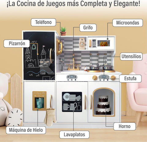 Wooden Kids Kitchen Playset with Running Water Lights & Sound, Play Kitchen Pretend Play Toy Set for Toddler 3-6 Years Old