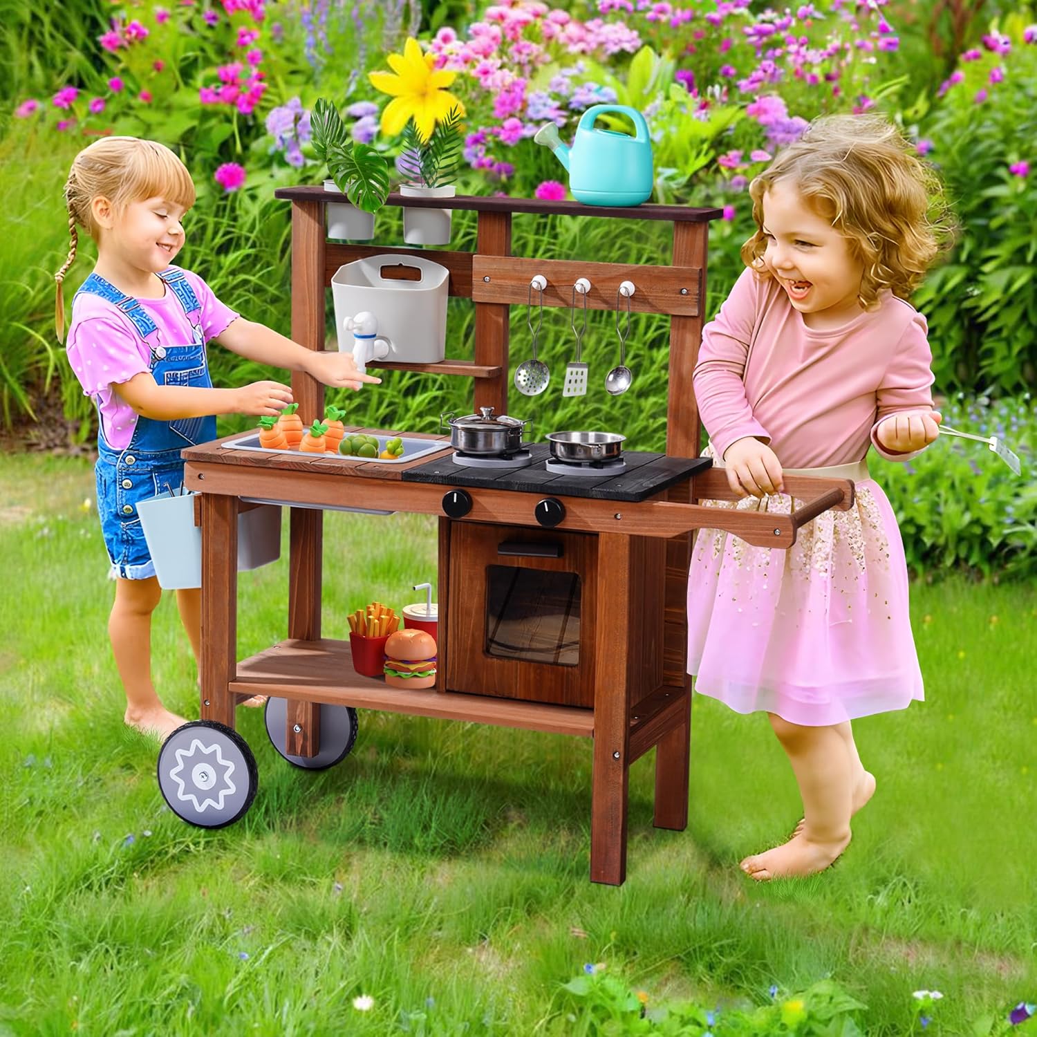 Wooden Mud Kitchen for Kids | Outdoor Pretend Play Cooking Set with Water Sink