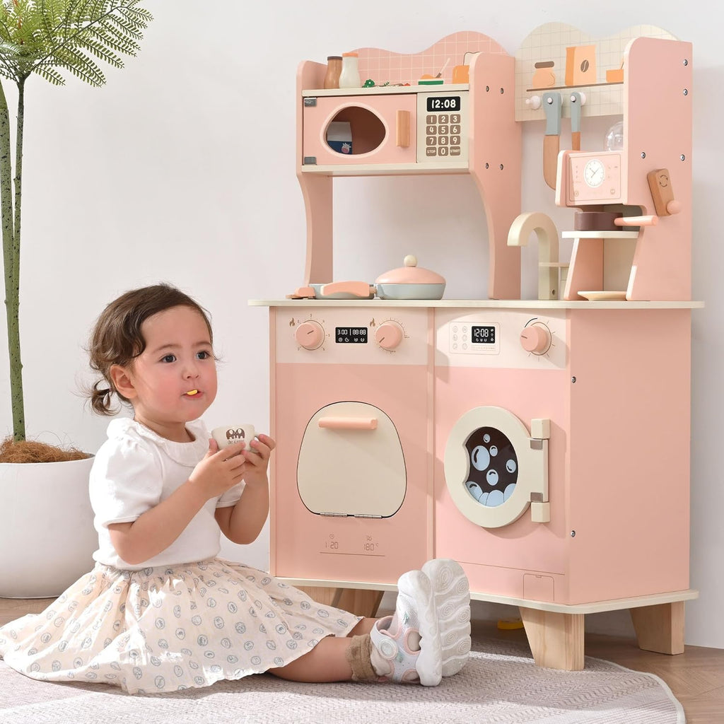 Wooden Play Kitchen for Kids with Coffee Maker | Pretend Cooking Set with Accessories