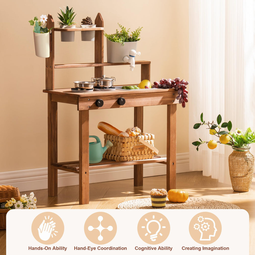Wooden Outdoor Mud Kitchen for Kids | Pretend Play Garden Cooking Toy Set