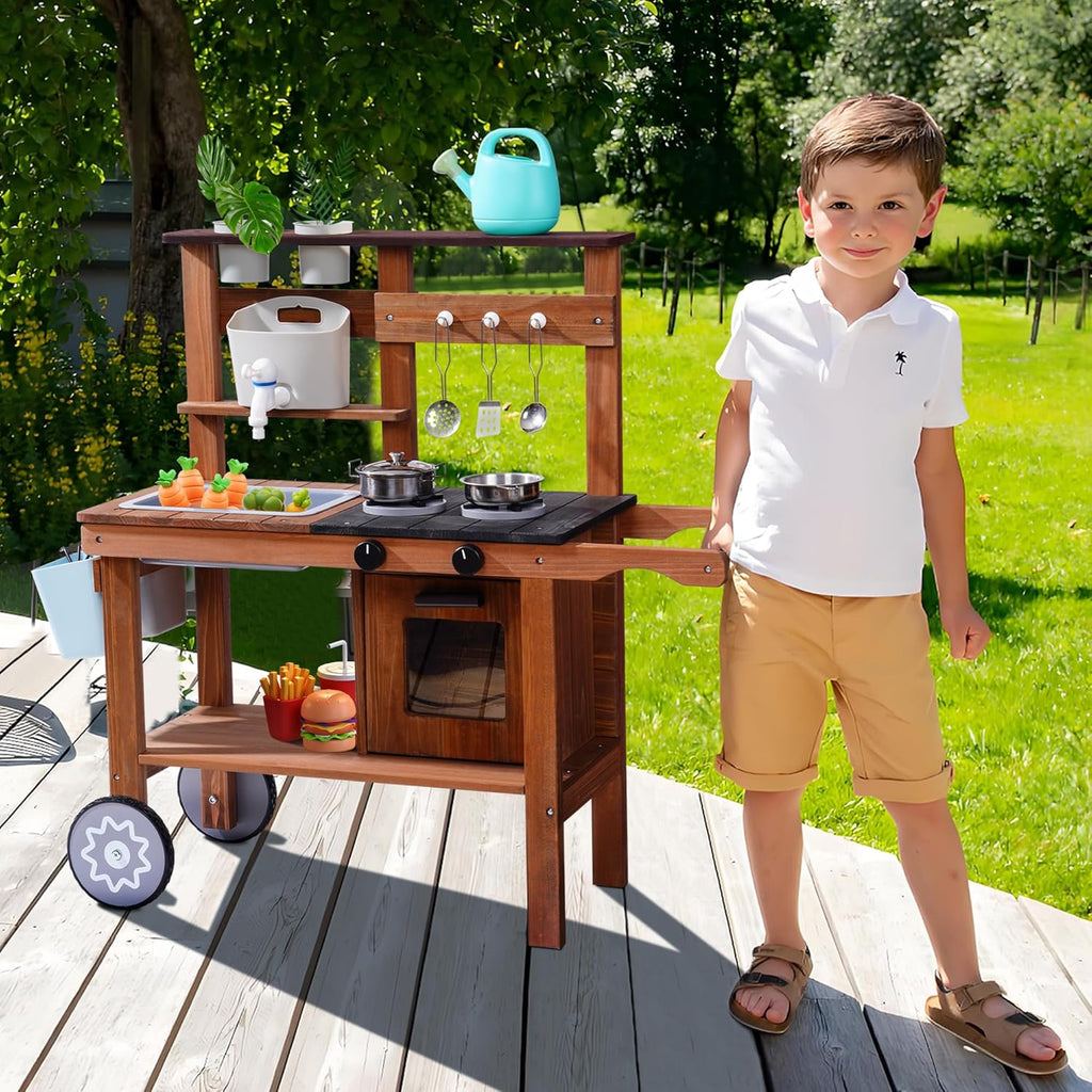 Wooden Mud Kitchen for Kids | Outdoor Pretend Play Cooking Set with Water Sink