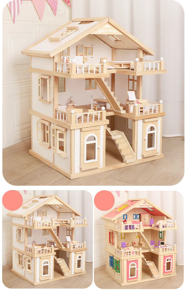 Happy Family Wooden Doll House for Kids | DIY Dollhouse with Furniture & Accessories