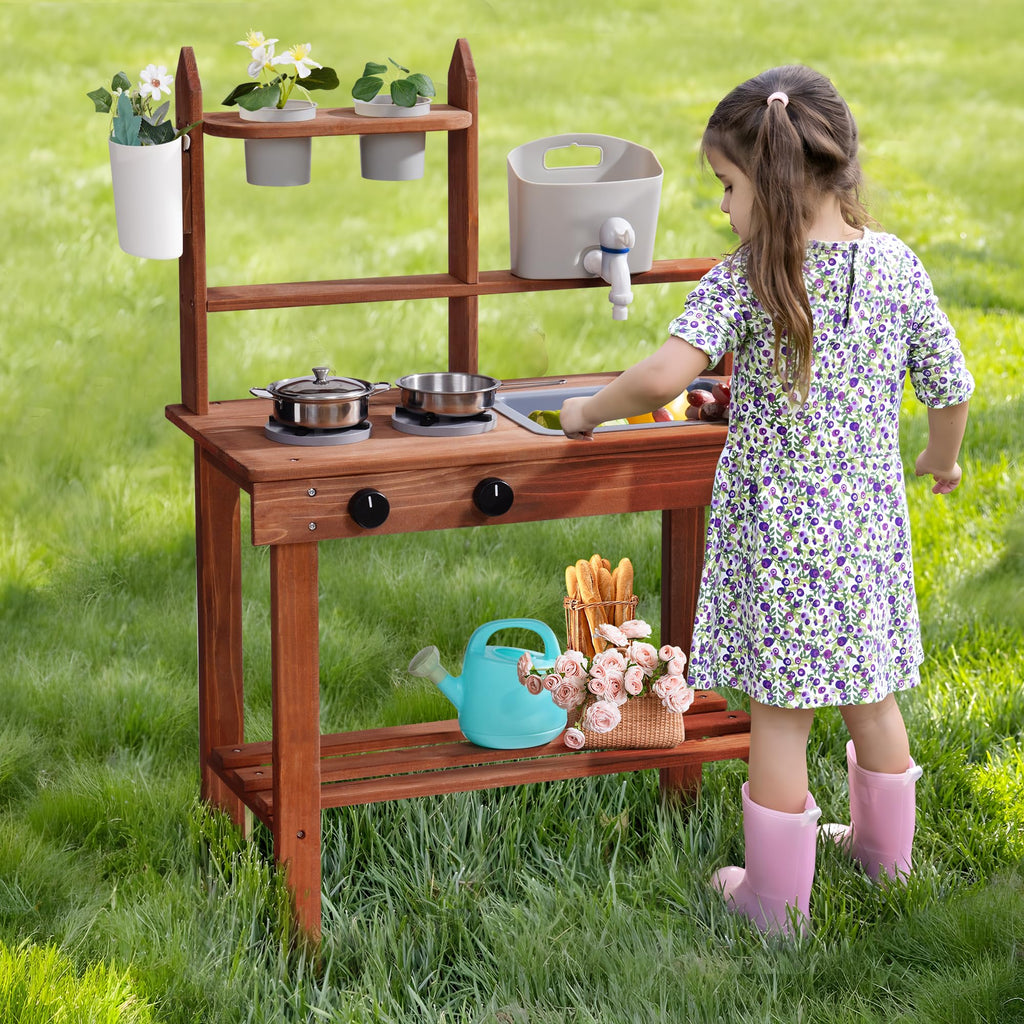 Wooden Outdoor Mud Kitchen for Kids | Pretend Play Garden Cooking Toy Set