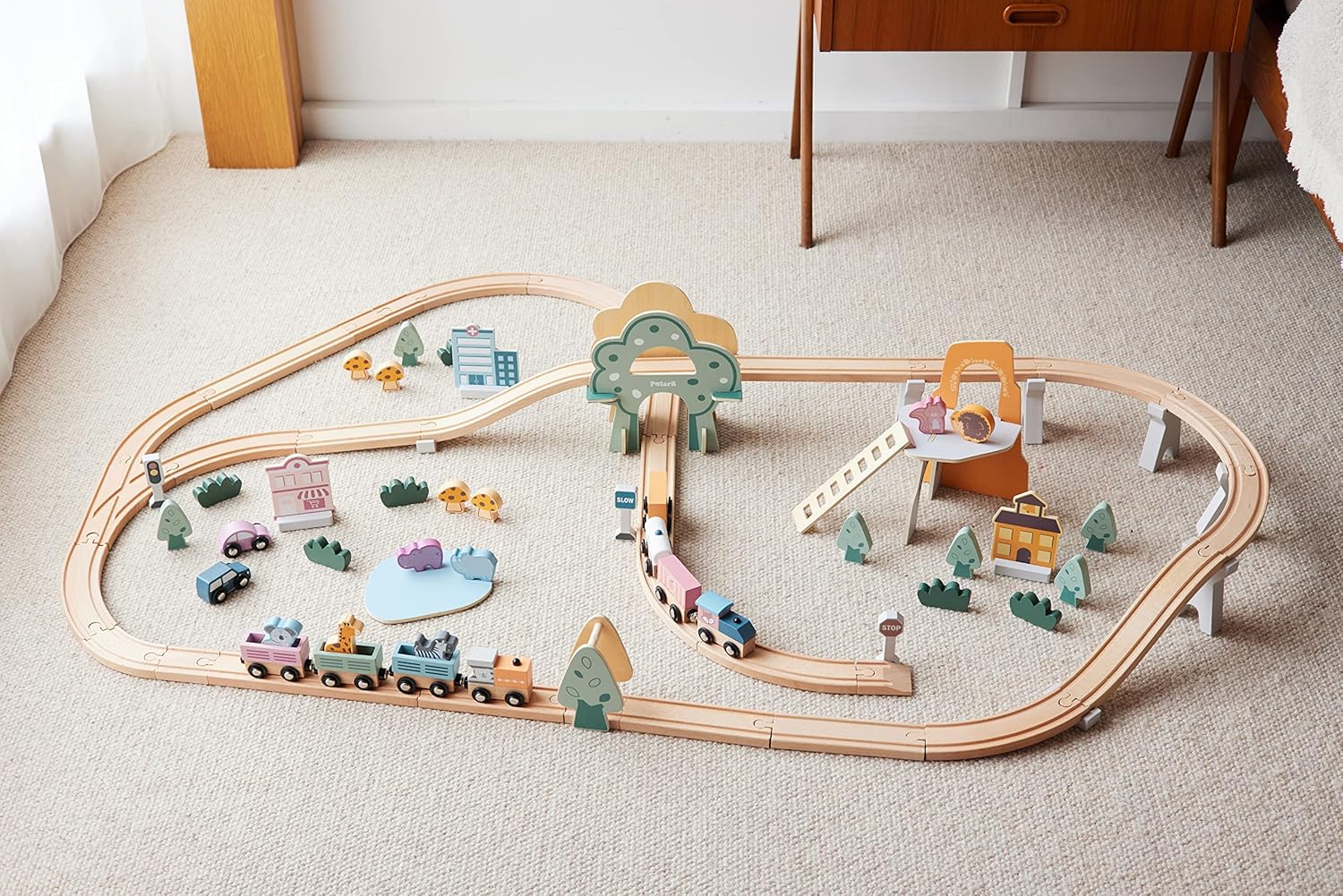 Wooden Train Track 92 Pcs Set | Polar B Grand Station Railway Toy for Kids
