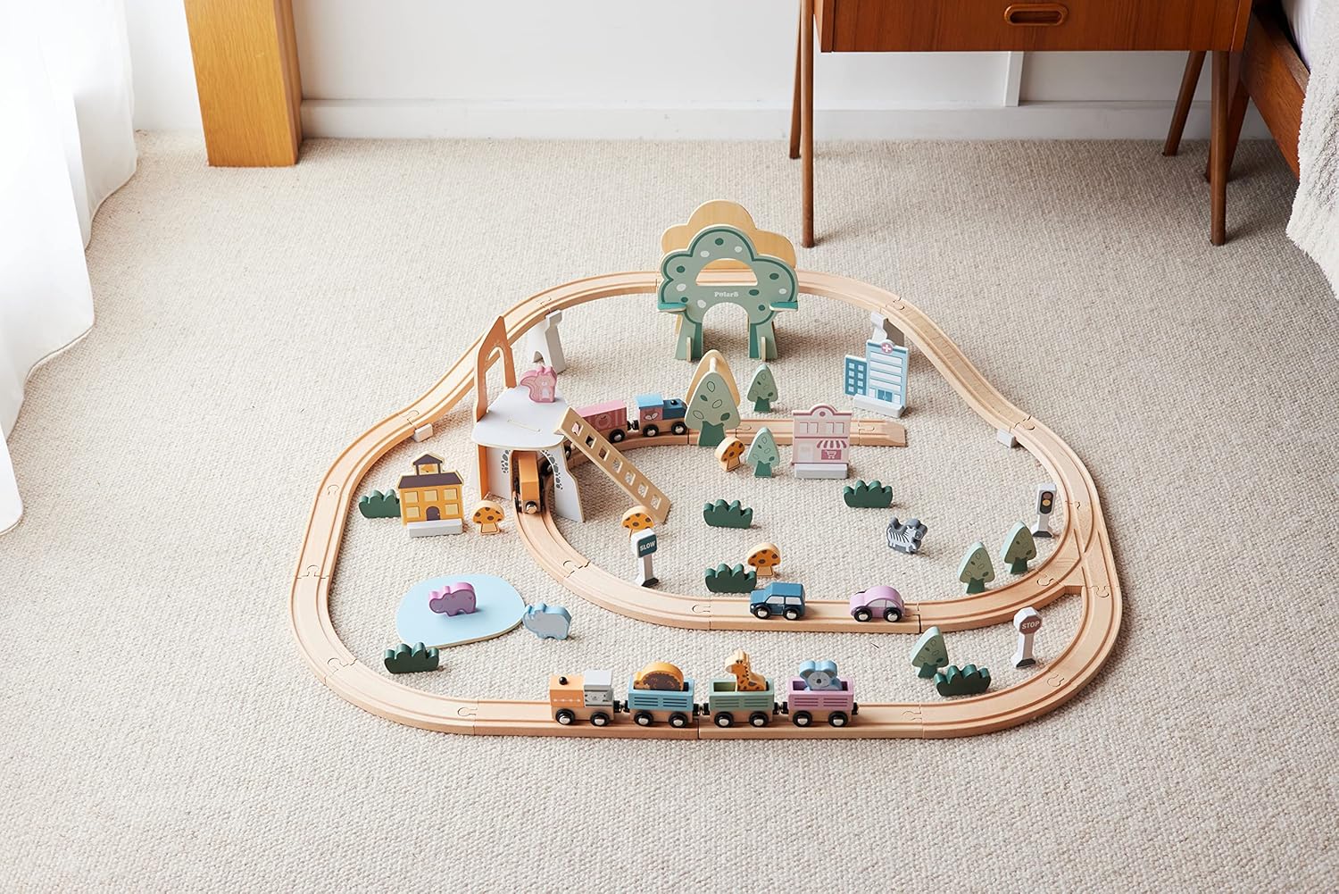 Wooden Train Track 92 Pcs Set | Polar B Grand Station Railway Toy for Kids