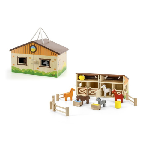 Foldable Stable Wooden Toy Set | Horse Farm Pretend Play Set for Kids 3+