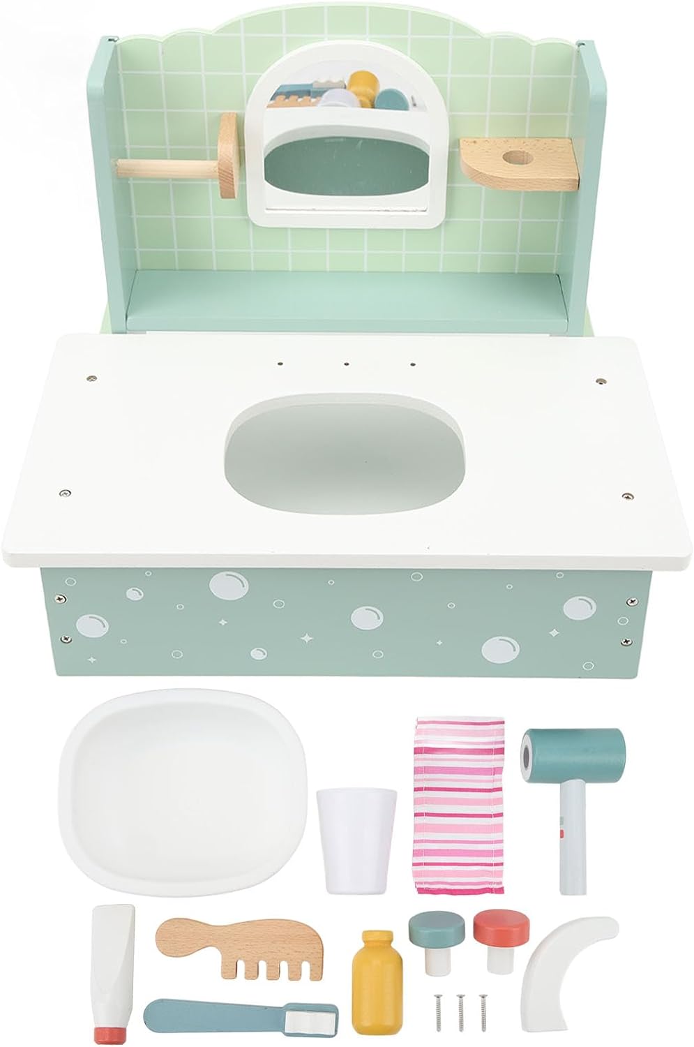 Kids Wooden Bathroom Sink Toy | Pretend Play Vanity Set with Accessories Educational Role Play