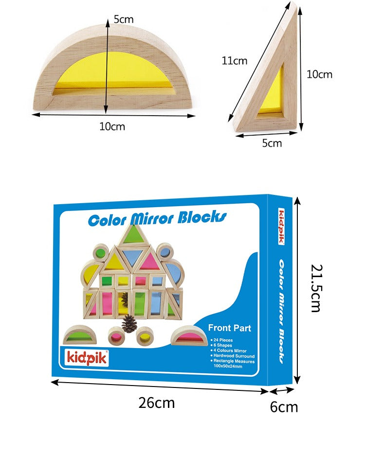 Rainbow Mirror Blocks 24 Pcs | Montessori Wooden Sensory Building Toy for Kids 2+