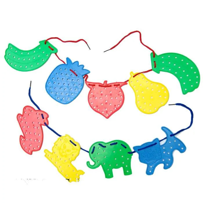 DIY Colorful Animals & Fruits Lacing Shapes | 16 Pcs Kids Threading Toy Set