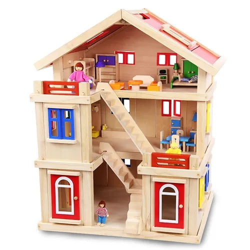 Happy Family Doll House Set | Wooden Dollhouse with Furniture & Accessories for Kids