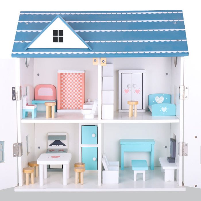 American Themed Wooden Doll House | Kids Multi-Level Dollhouse Playset with Accessories