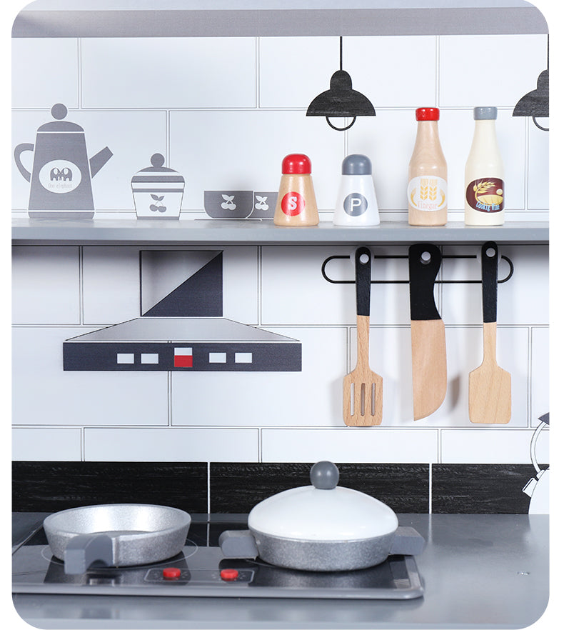 Giant Black & White Wooden Kitchen Play Set for Kids | Pretend Play Cooking Toy