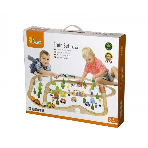 Wooden Train Track 90 Pieces | City & Farm Railway Play Set for Kids