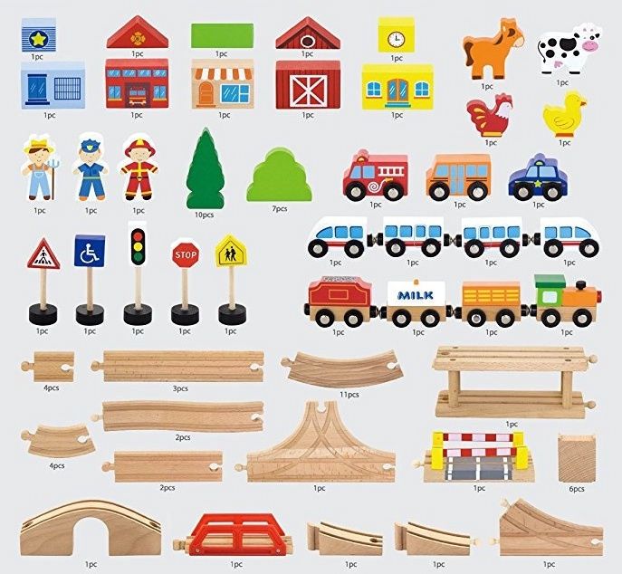 Wooden Train Track 90 Pieces | City & Farm Railway Play Set for Kids