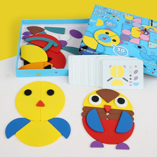 Montessori Creative Puzzle 50 Cards Set | Wooden Shape Learning Game for Kids 3–6