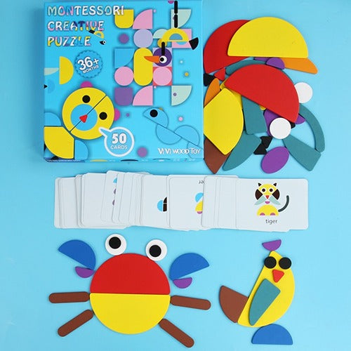 Montessori Creative Puzzle 50 Cards Set | Wooden Shape Learning Game for Kids 3–6
