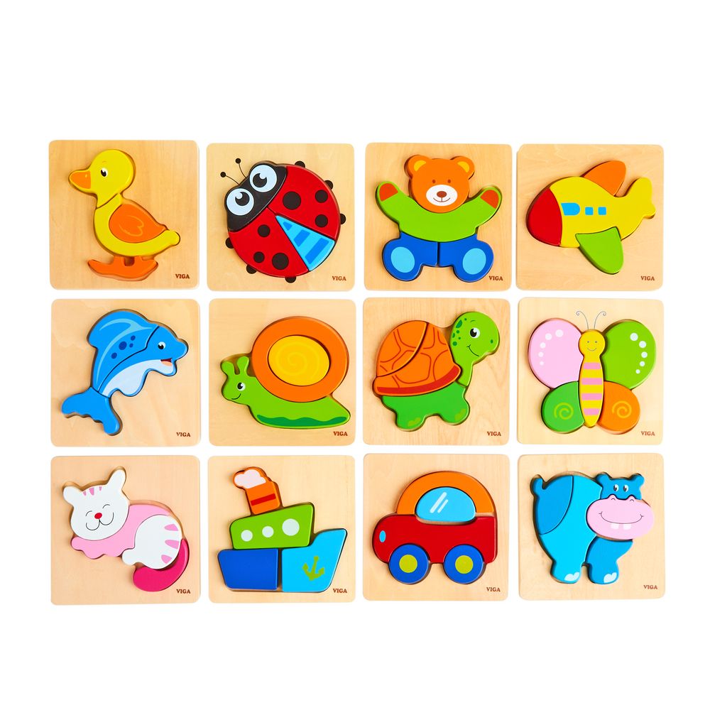 Block Puzzle 12 Pcs Set with Storage Shelf | Kids Wooden Jigsaw Learning Toy Age 3+