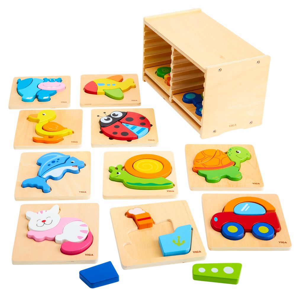 Block Puzzle 12 Pcs Set with Storage Shelf | Kids Wooden Jigsaw Learning Toy Age 3+
