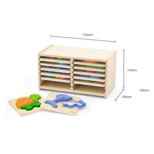 Block Puzzle 12 Pcs Set with Storage Shelf | Kids Wooden Jigsaw Learning Toy Age 3+