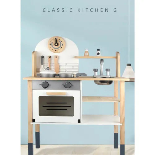 New Classic Wooden Play Kitchen | Kids Pretend Cooking Role Play Toy Set