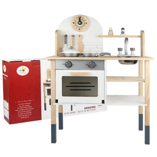 New Classic Wooden Play Kitchen | Kids Pretend Cooking Role Play Toy Set