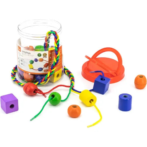 Wooden Lacing Beads Big 30 pcs | Kids Fine Motor Skill Threading Toy Set
