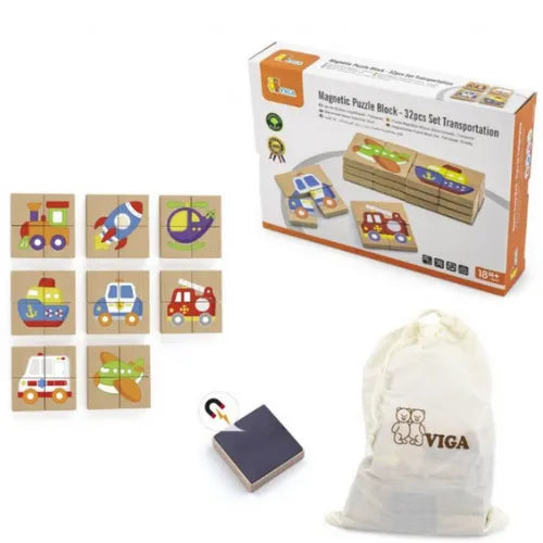 Magnetic Puzzle Block 32pcs Transportation | Kids Wooden Montessori Learning Toy Set