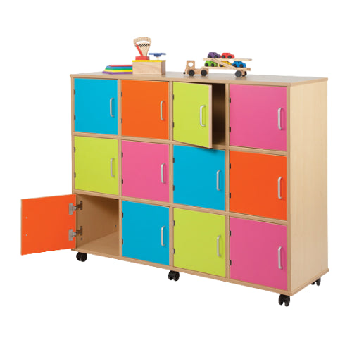 School Lockers Unit | 12 Door Classroom Storage Cupboard with Wheels