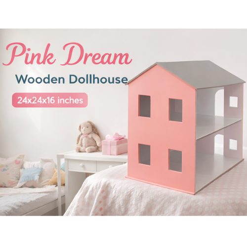 Pink Dream Wooden Dollhouse | Two Story Wooden Play House for Girls